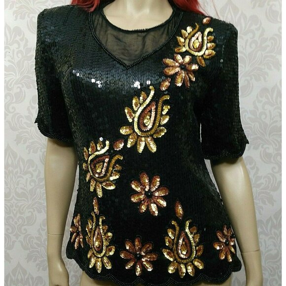 Vintage 80s Stenay Sequin Silk Top Blouse Size S M Black Gold Bronze Cocktail - Picture 1 of 12
